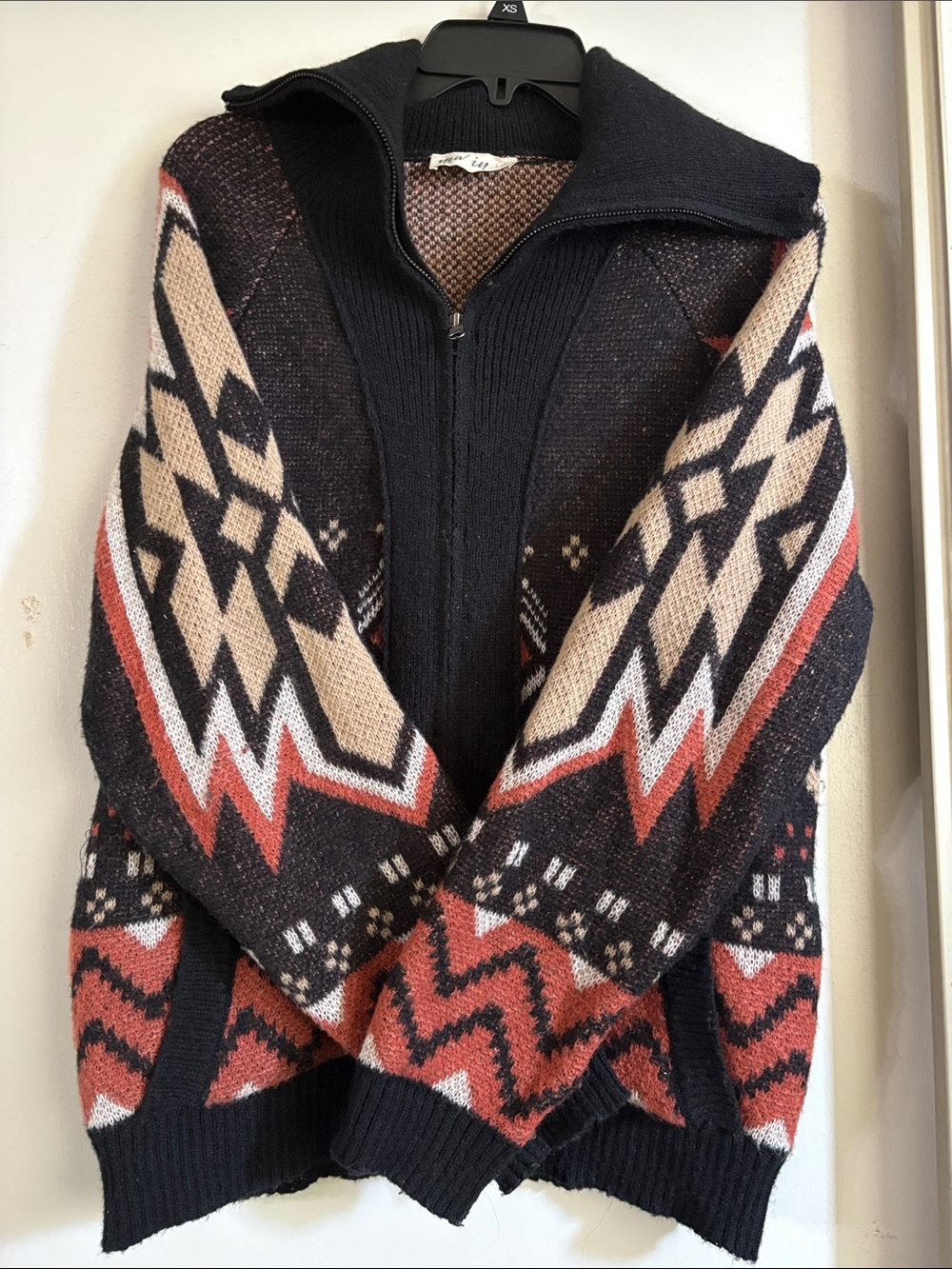 Zippered Geometric Knit Cardigan Sweater - Black, Rust & Cream - Picture 2 of 5